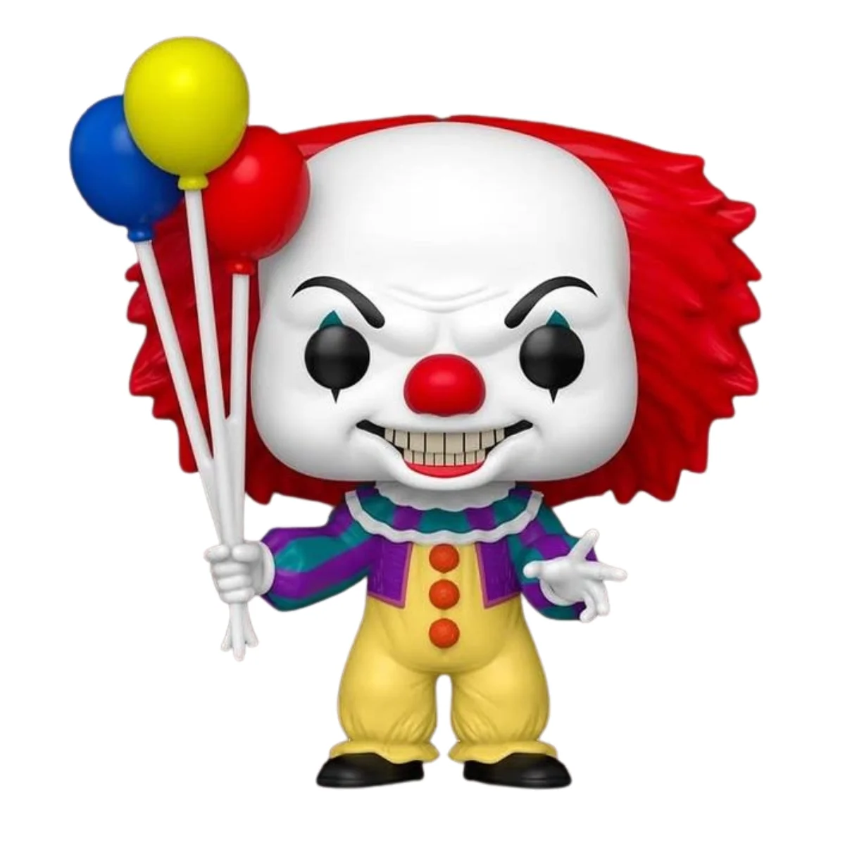 En esta imagen podemos ver el Funko Pennywise 1834 IT The Movie. Es una figura de terror y vemos a un payaso con 3 globos de colores en la mano.