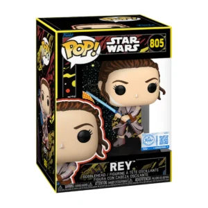 El Funko Rey 805 SE de Star Wars destaca por su característico atuendo, sable de luz en mano y postura decidida