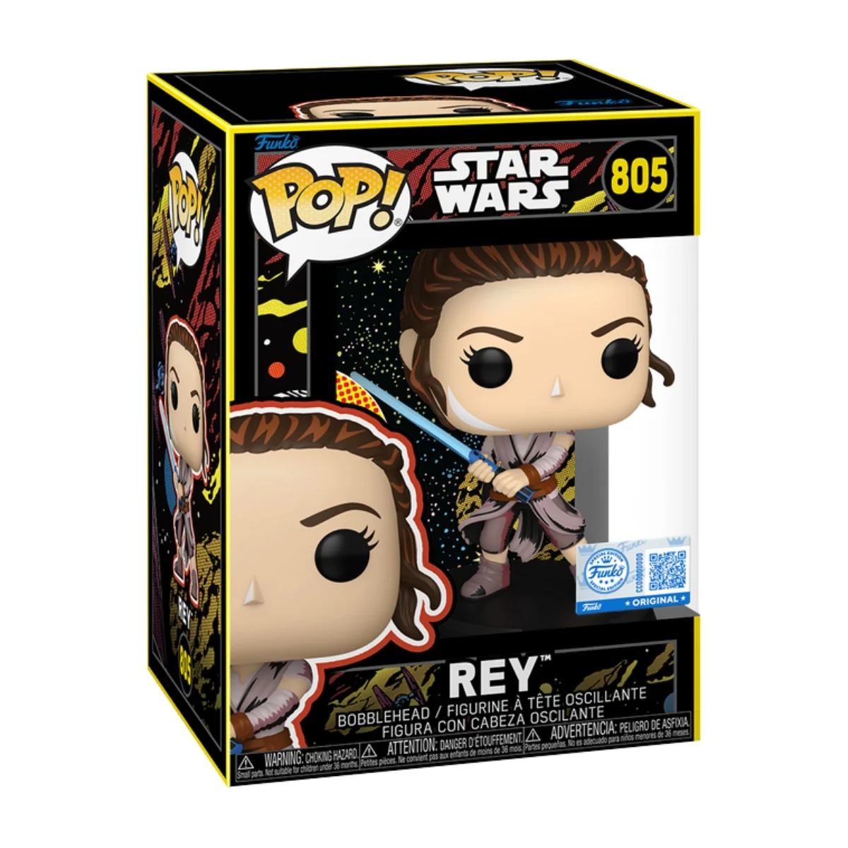 El Funko Rey 805 SE de Star Wars destaca por su característico atuendo, sable de luz en mano y postura decidida