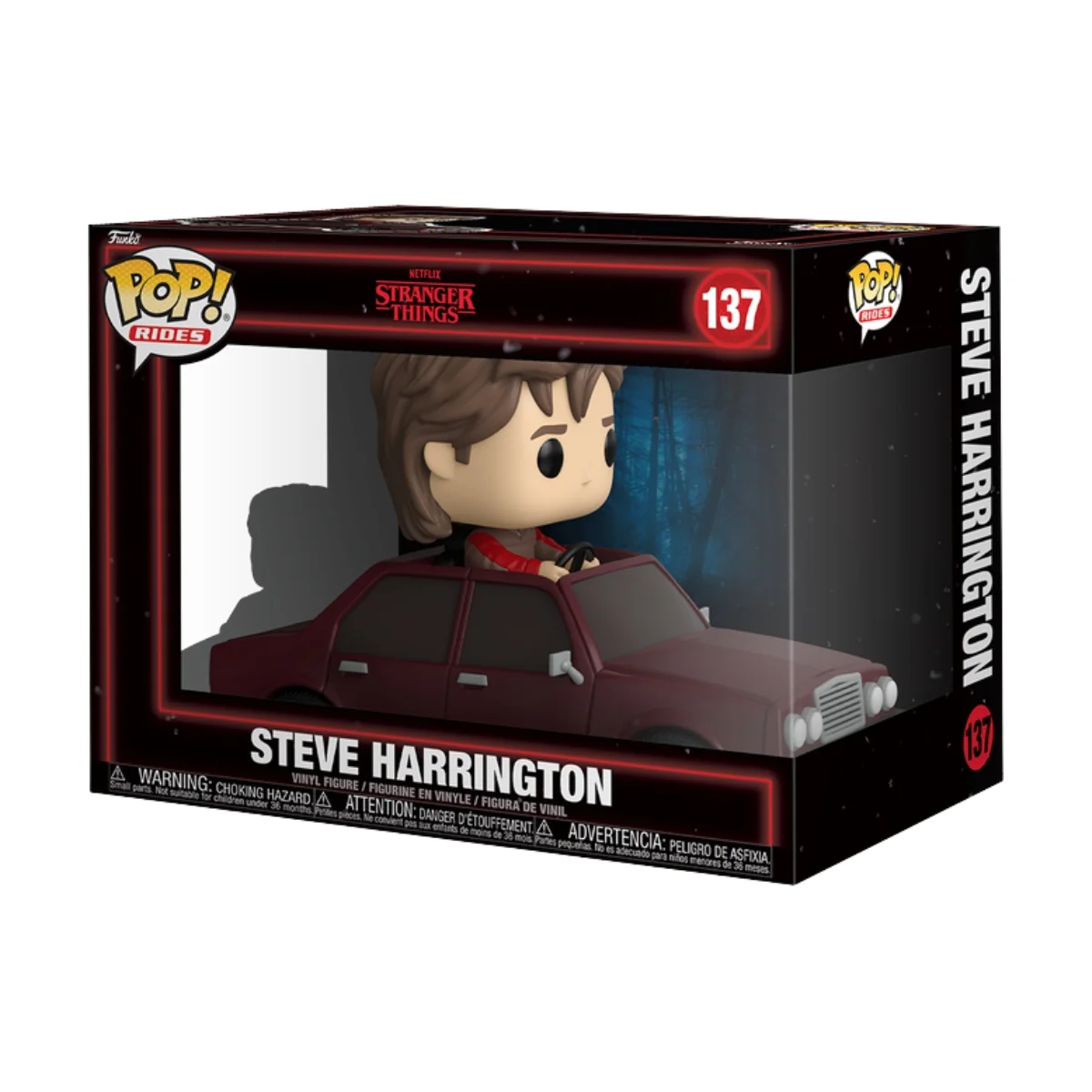En esta imagen podemos ver el Funko Steve Harrington 137 Ride de Stranger Things. Esta pieza destaca porque Steve aparece conduciendo su sedan rojo.