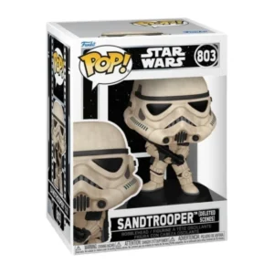 En la imagen podemos ver el Funko Sandtrooper 803 de Star Wars, en la pieza destaca su armadura de color blanco y la metralleta que tiene en su mano.