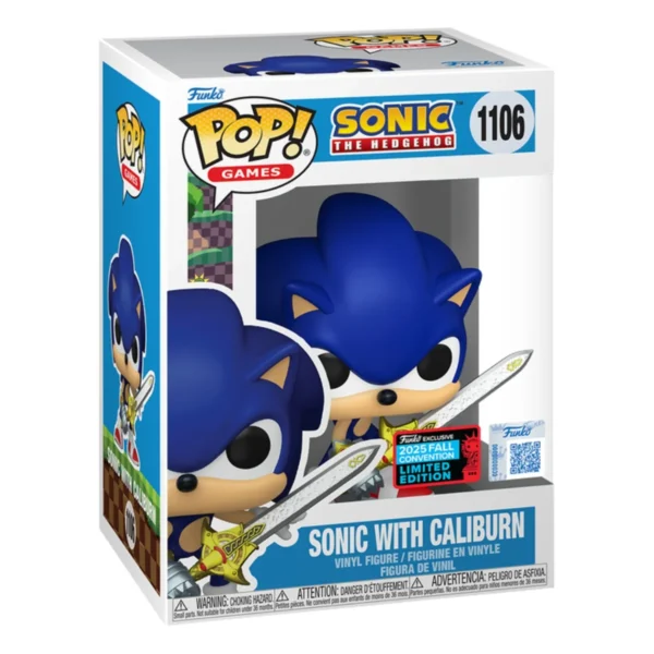 El Funko Sonic with Caliburn 1106 NYCC 2025 destaca por la postura lista para el combate, sosteniendo con firmeza a Caliburn mientras su mirada transmite determinación