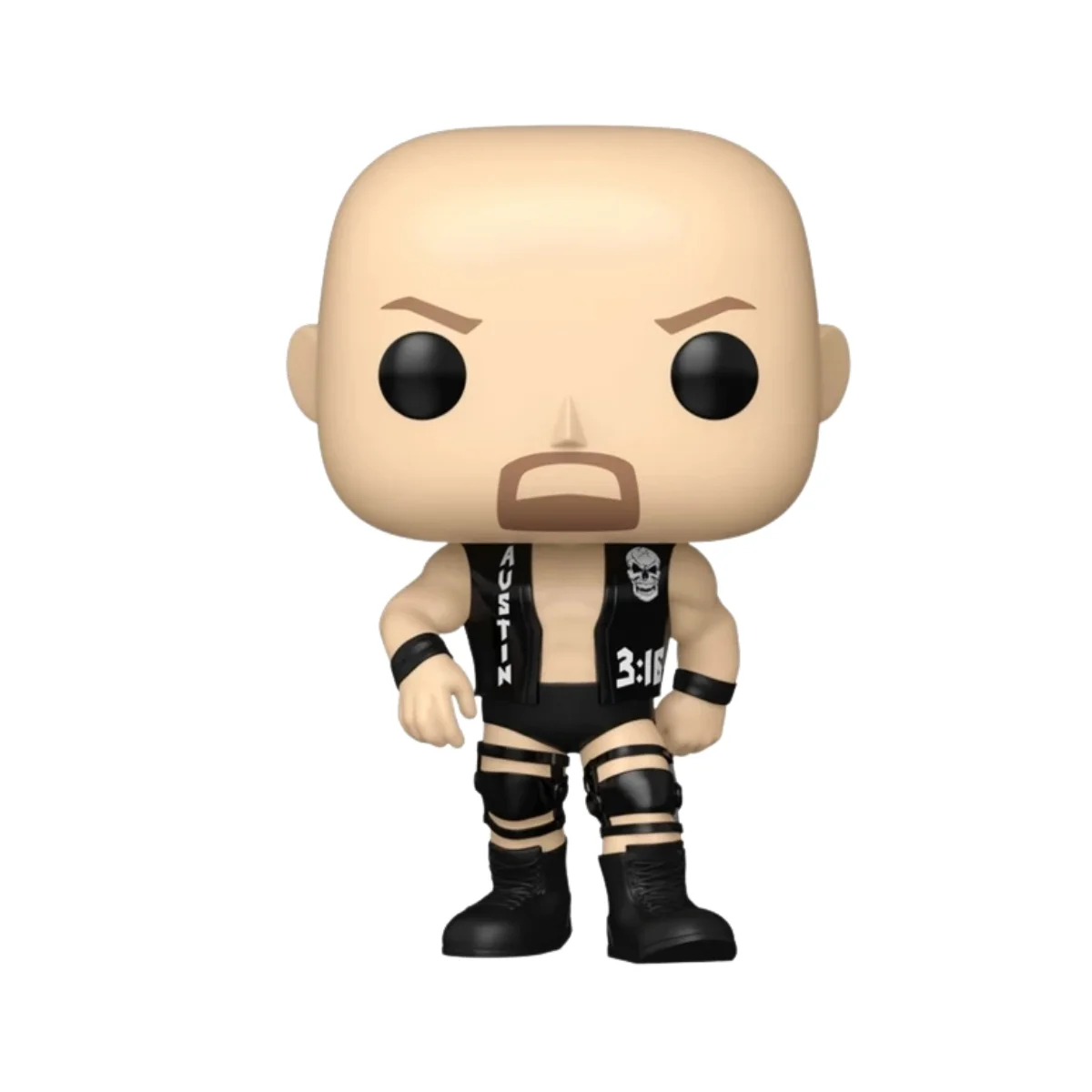 Este es el Funko Steve Austin 190 WWE, en esta figura destaca su calva y su vestimenta de luchador de color negra.