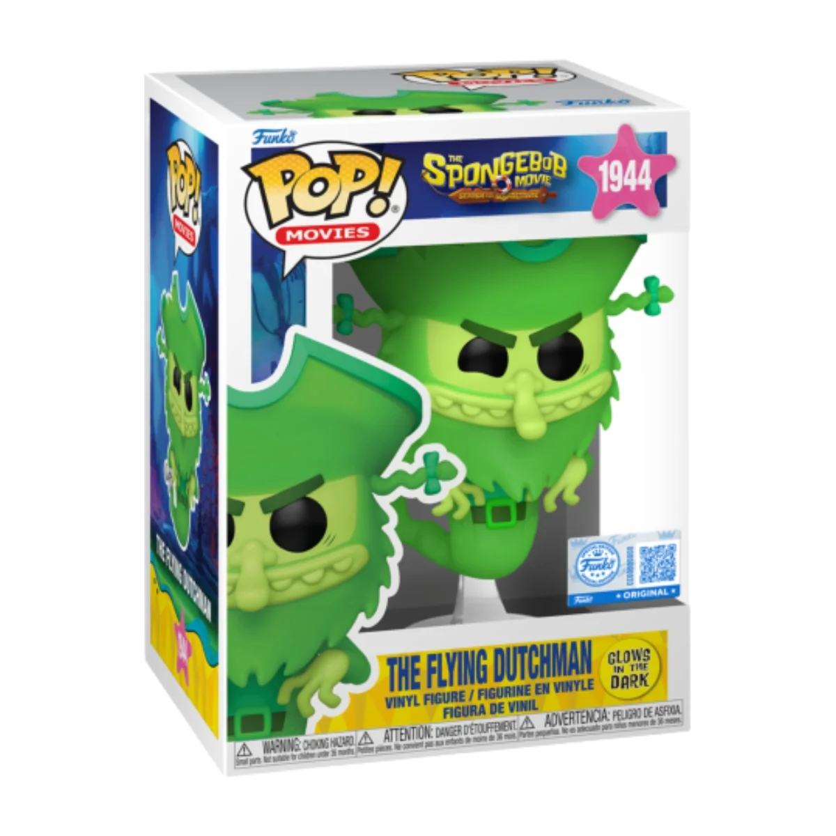 El Funko The Flying Dutchman 1944 destaca por sus tonos verdes translúcidos y su expresión maliciosa, perfectamente fiel a su versión animada. Su barba flotante, su sombrero pirata y su capa espectral.