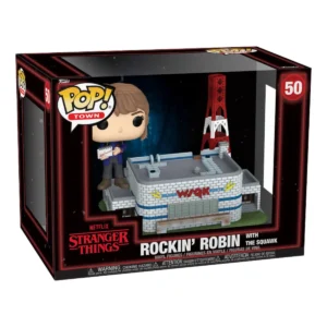 En esta imagen podemos ver el Funko Rockin Robin 50 with The Squawk de Stranger Things. En esta pieza destaca la aparición del personaje con el edificio de la famosa emisora de radio de la ciudad.