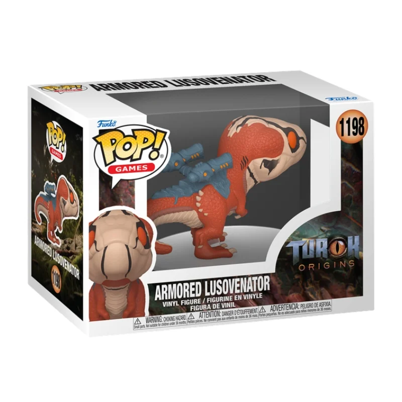 Funko Armored Lusovenator 1198 Turok Origins en su caja con vista lateral de la tienda de funkos online spain dreamspop