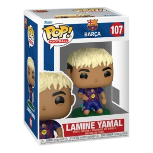 Funko Pop Lamine Yamal 107 FC Barcelona Fútbol en su caja original, vista lateral.