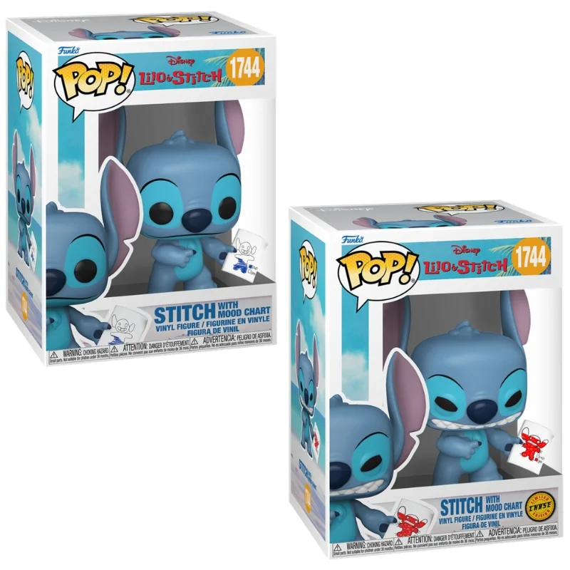 Funko Pop Stitch With Mood Chart 1744 Bundle Lilo & Stitch en sus cajas con vista lateral de la tienda de figuras coleccionables online spain dreamspop