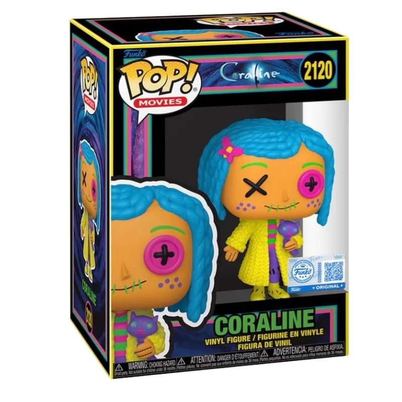 Funko Pop Coraline 2120 SE Black Light en su caja con vista lateral de la tienda de figuras coleccionables online spain dreamspop especializada en funko pop y youtooz