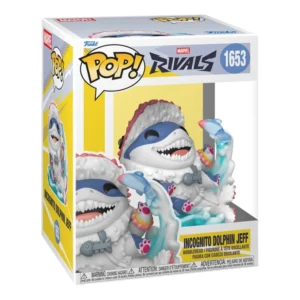 Funko Pop Premium Incognito Dolphin Jeff 1653 Marvel Rivals en su caja original, vista lateral.