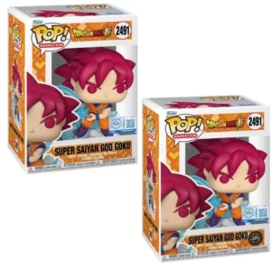 Funko Pop Super Saiyan God Goku 2491 SE Bundle Dragon Ball en sus cajas original, vista lateral.