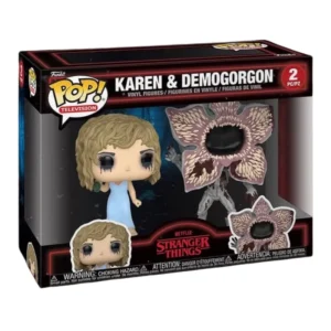 Funko Pop 2 Pack Karen y Demogorgon Stranger Things en su caja original, vista lateral.