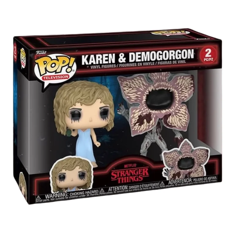 Funko Pop 2 Pack Karen y Demogorgon Stranger Things en su caja original, vista lateral.