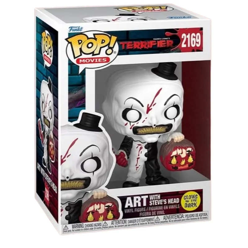 Funko Pop Art with Steve's Head 2169 GITD Terrifier en su caja original, vista lateral.