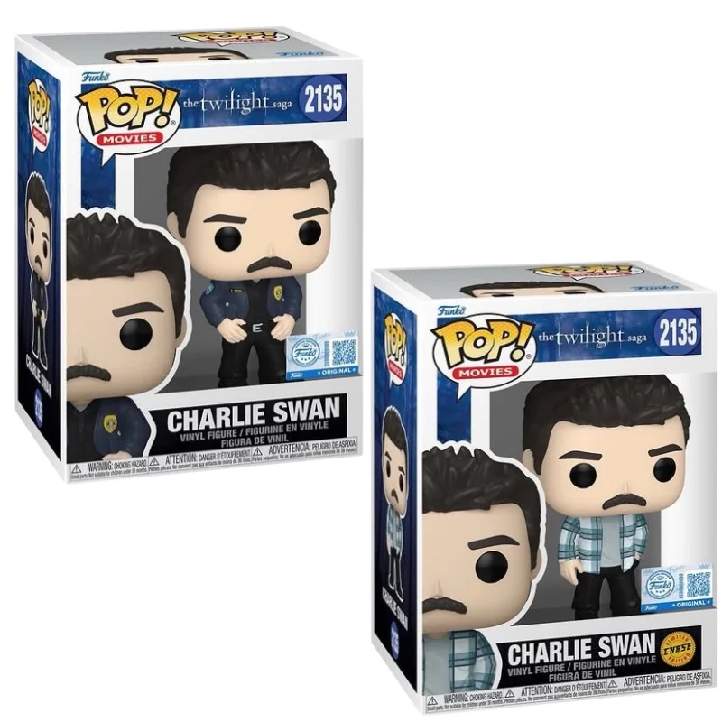 Funko Pop Charlie Swan 2135 SE Bundle Twilight en sus cajas originales, vista lateral.