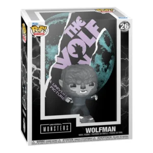 Funko Pop Covers Wolfman 26 Universal Monsters en su caja original, vista lateral.