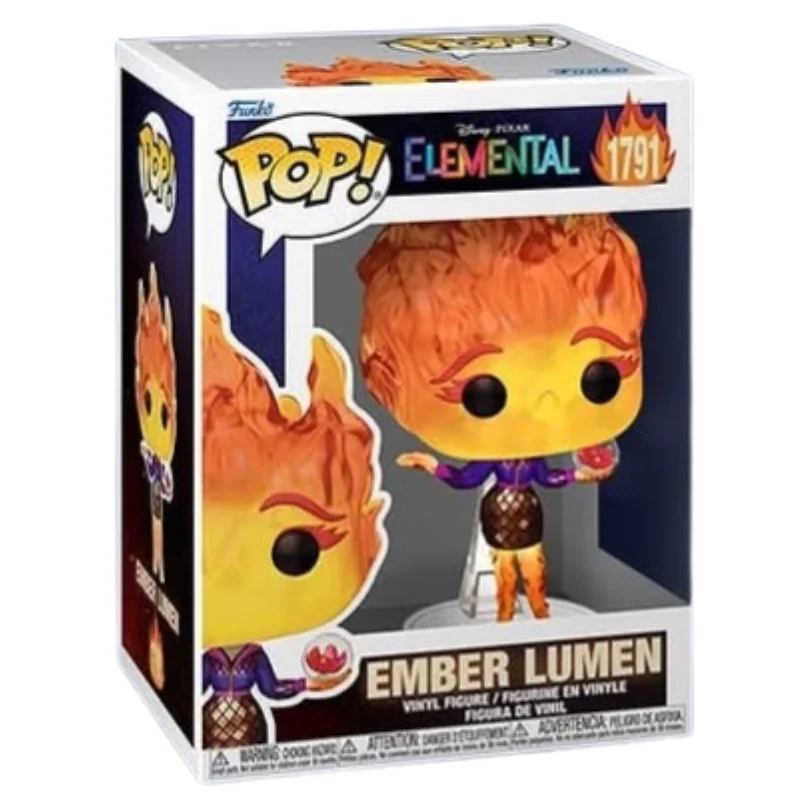 Funko Pop Ember Lumen 1791 Elemental Disney en su caja original, vista lateral.