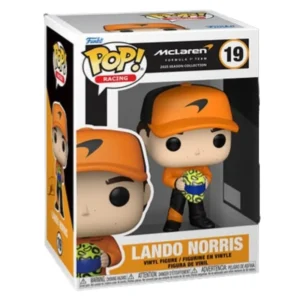 Funko Pop Lando Norris 19 F1 en su caja original, vista lateral.
