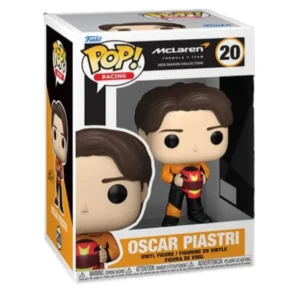 Funko Pop Oscar Piastri 20 F1 en su caja original, vista lateral.