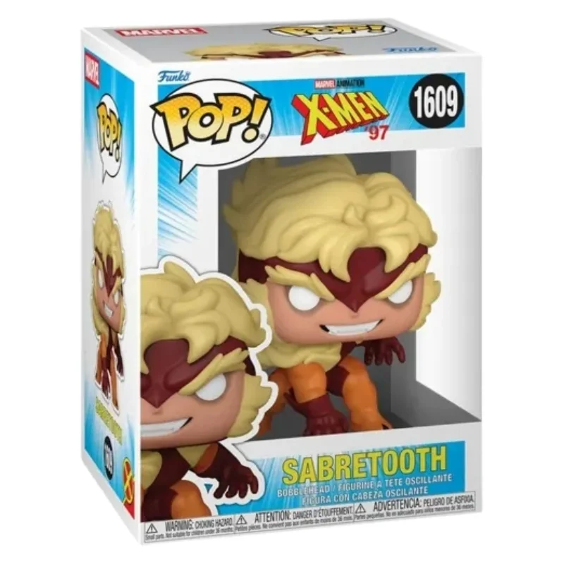 Funko Pop Sabretooth 1609 X-Men Marvel en su caja original, vista lateral.
