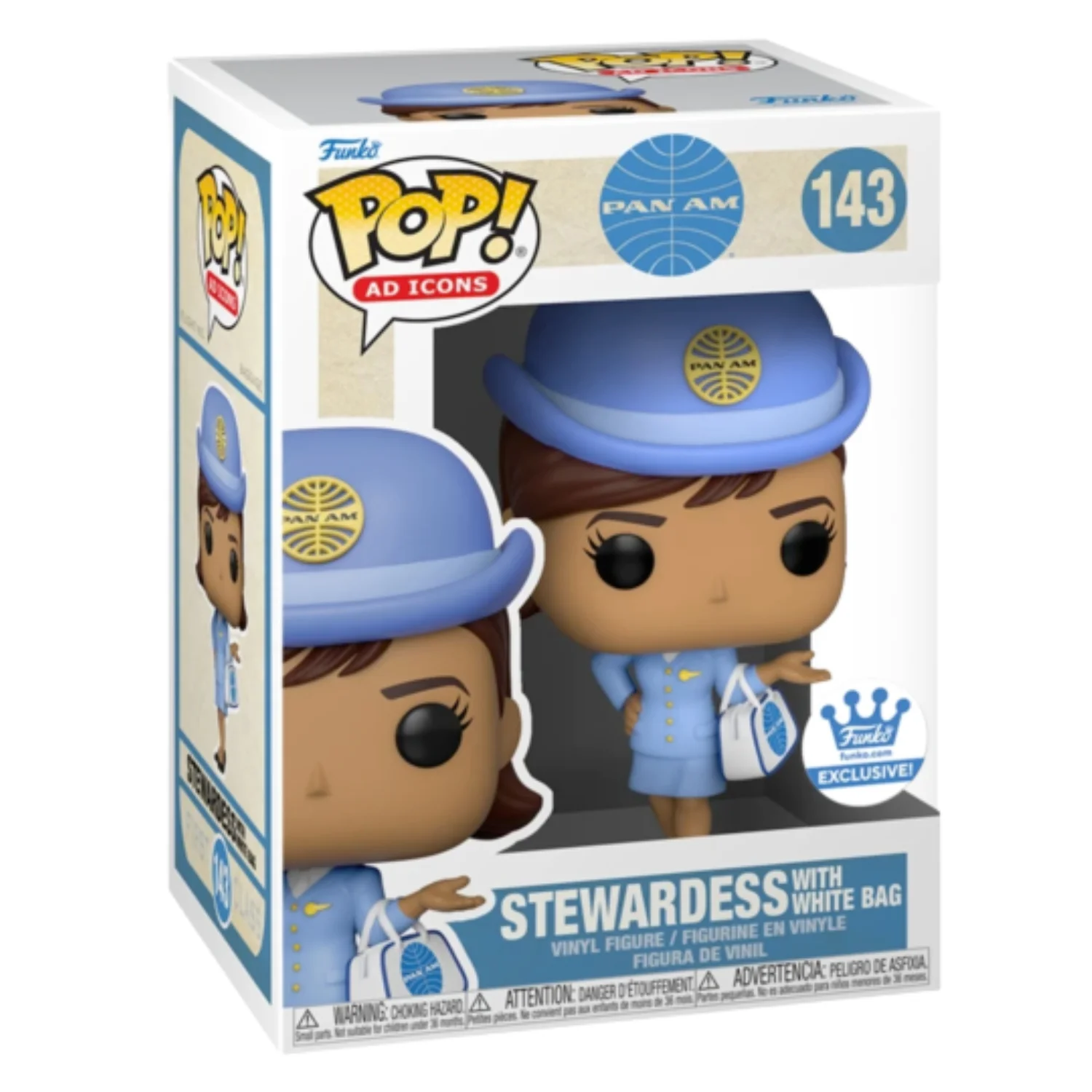 Funko Pop Stewardess with White Bag 143 SE Pan Am en caja original, vista lateral