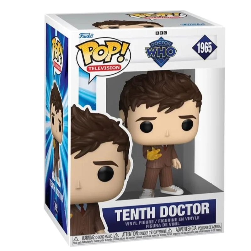 Funko Pop Tenth Doctor 1965 Doctor Who en su caja original, vista lateral.