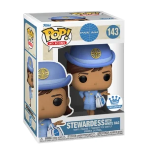Funko Pop Stewardess with White Bag 143 SE Pan Am en su caja original, vista lateral.