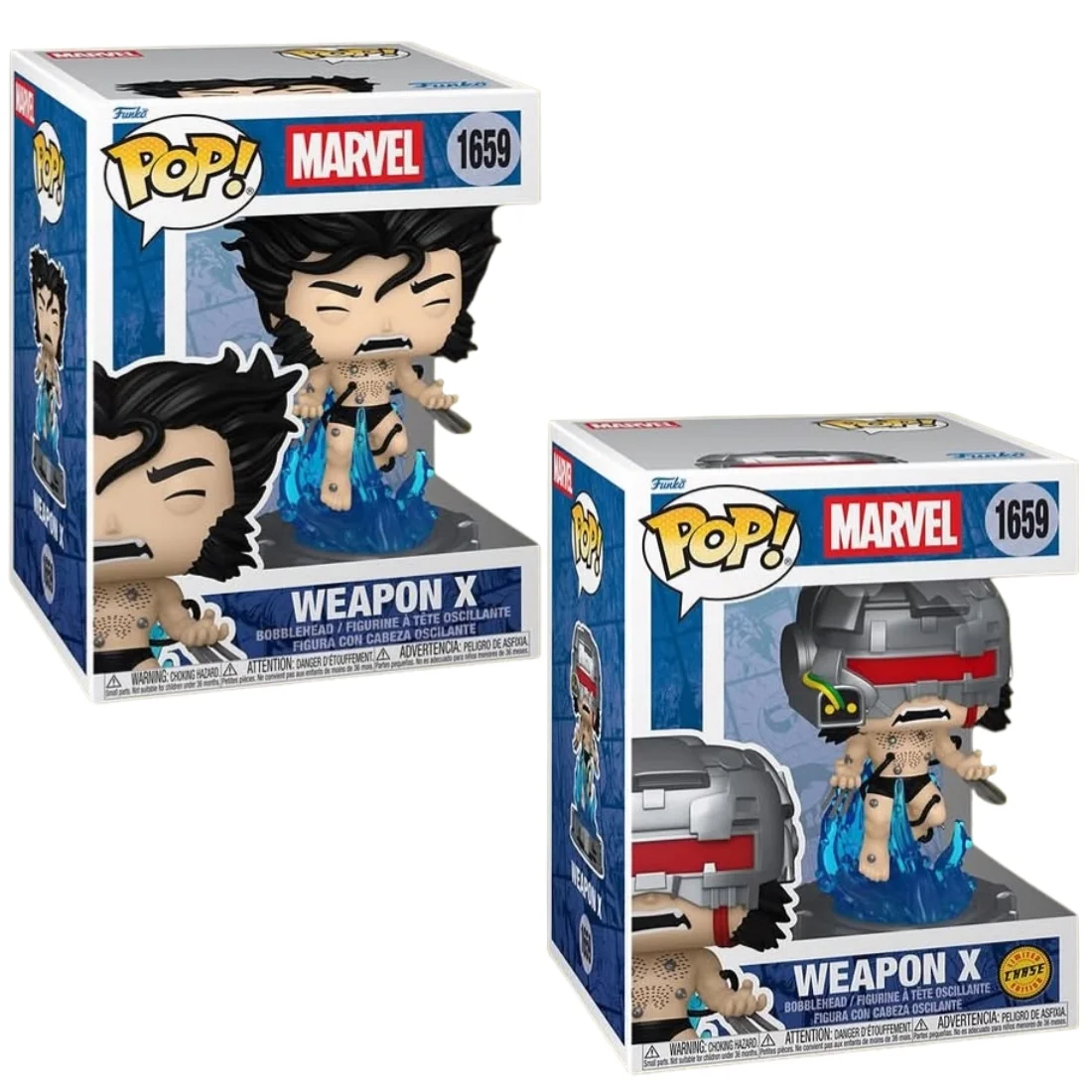 Funko Pop Premium Weapon X 1659 Bundle Marvel en sus cajas originales, vista lateral