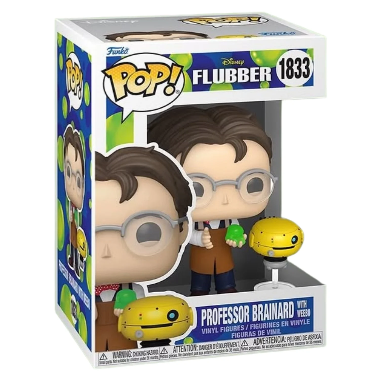 Funko Pop Professor Brainard with Weebo 1833 Flubber en caja original, vista lateral