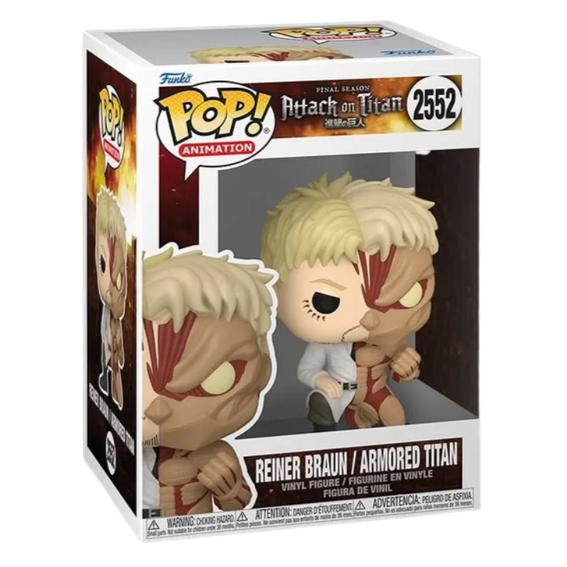 Funko Pop Reiner Braun/Armored Titan 2552 Attack On Titan en su caja original, vista lateral.