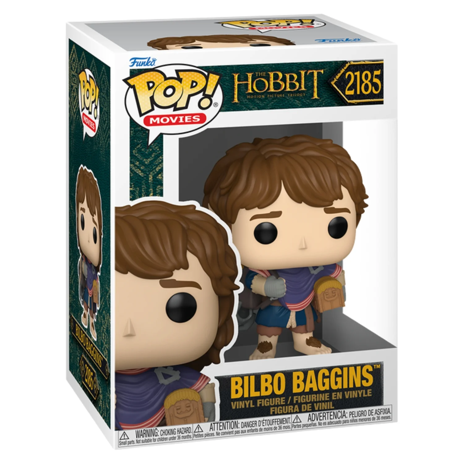 Funko Pop Bilbo Baggins 2185 The Hobbit en su caja original, vista lateral.
