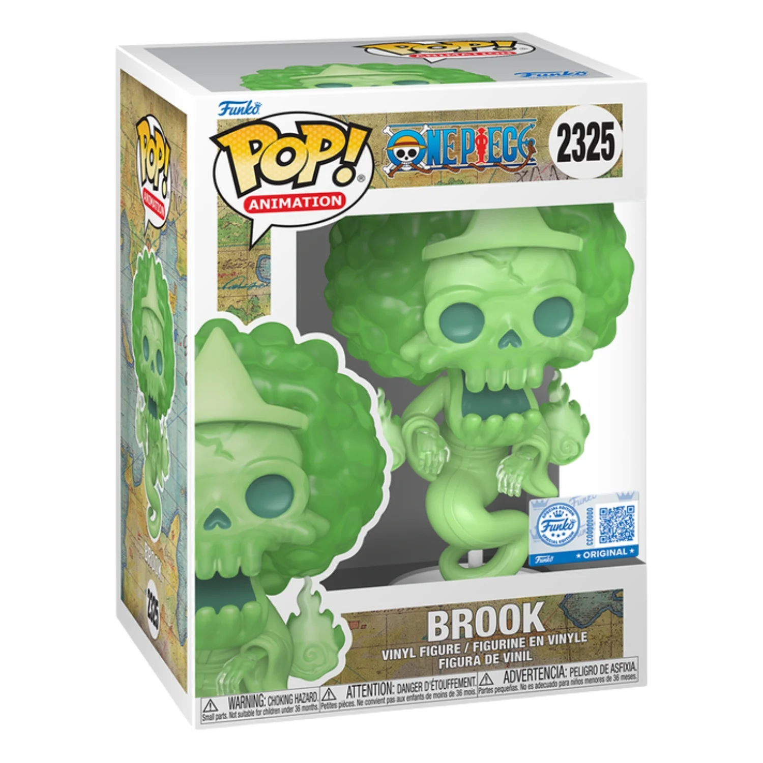 Funko Pop Brook 2325 SE One Piece en su caja original, vista lateral.