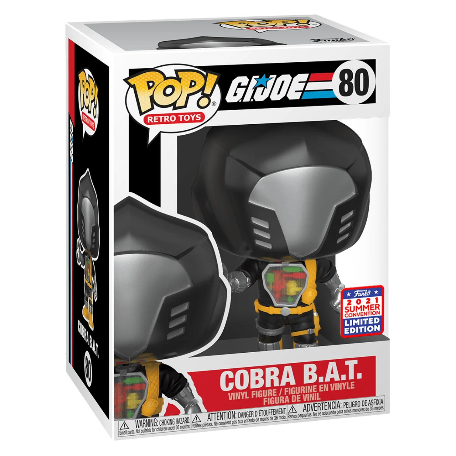 Funko Pop Cobra B.A.T. 80 SDCC G.I. Joe en su caja original, vista lateral.