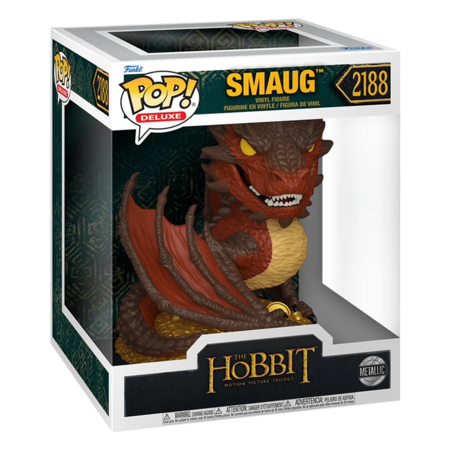 Funko Pop Deluxe Smaug 2188 Metallic The Hobbit en su caja original, vista lateral.