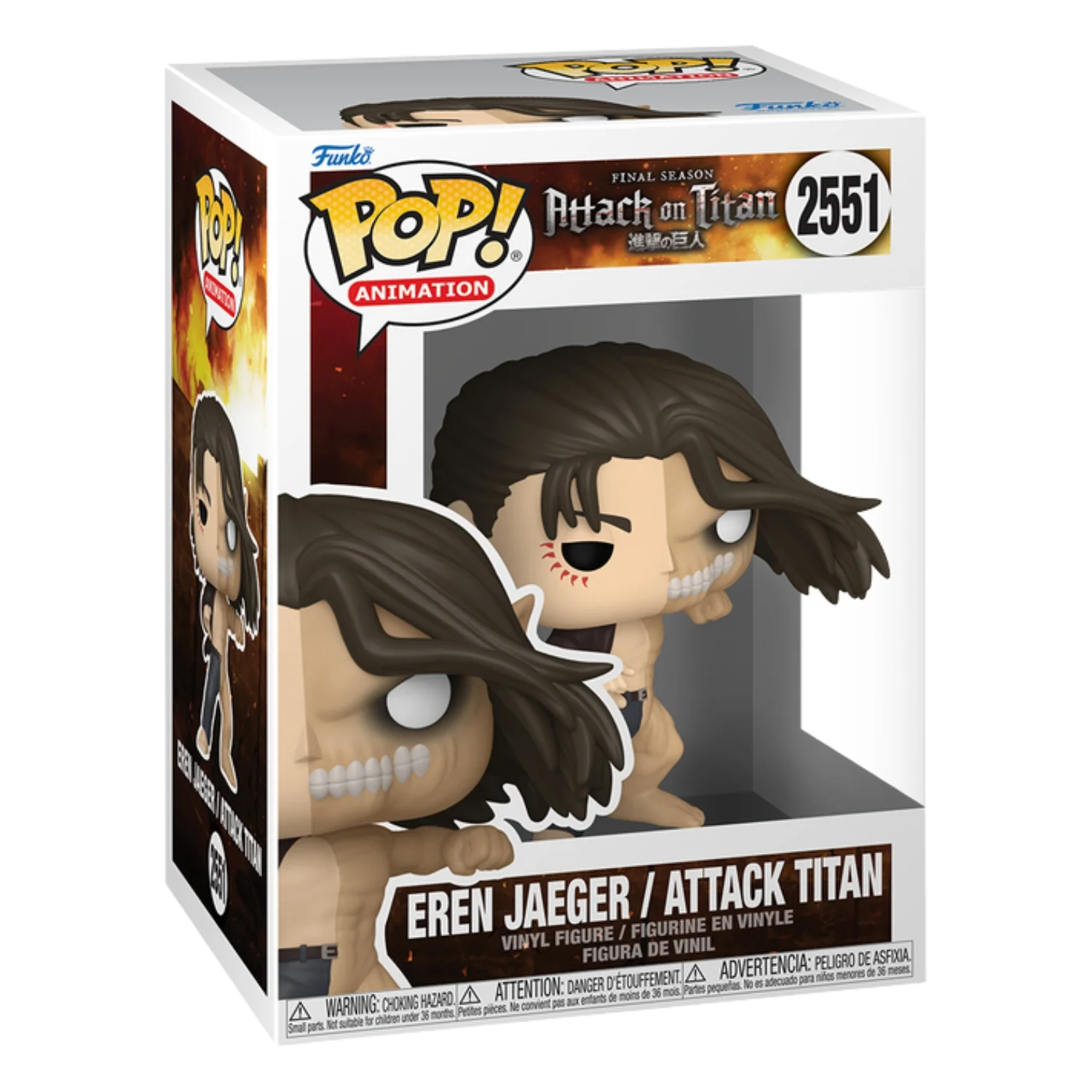 Funko Pop Eren Jaeger/Attack Titan 2551 Attack On Titan en su caja original, vista lateral.