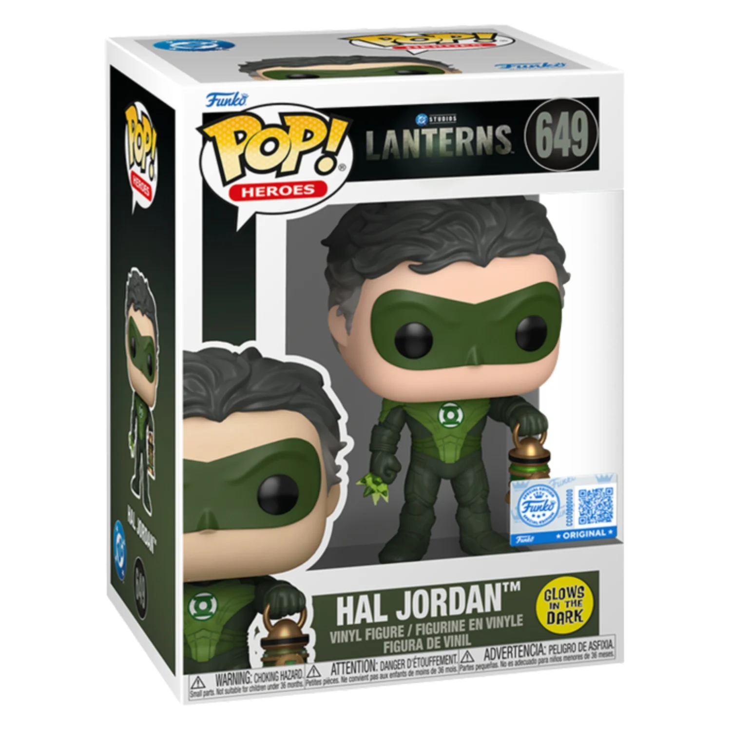 Funko Pop Hal Jordan 649 SE GITD Lanterns en su caja original, vista lateral.
