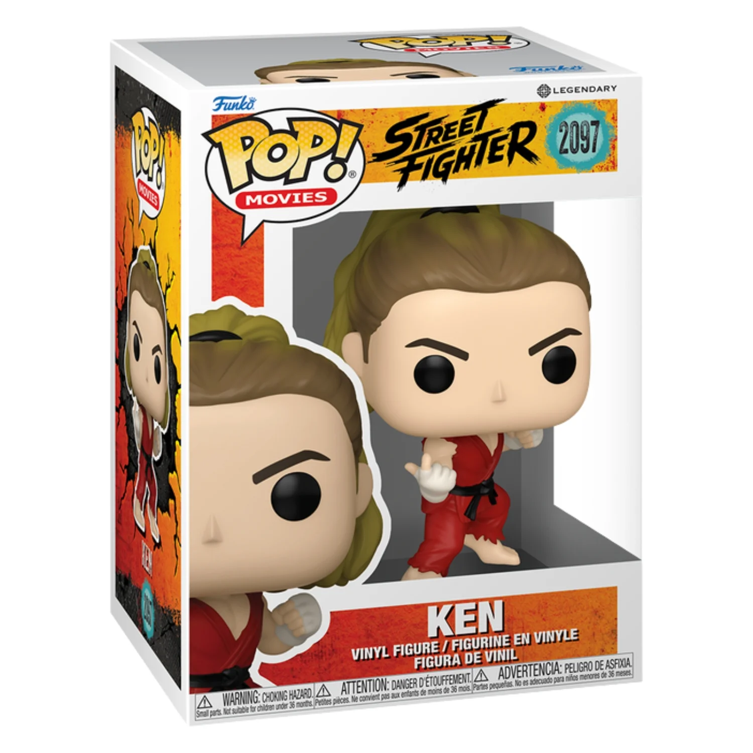 Funko Pop Ken 2097 Street Fighter en su caja original, vista lateral.
