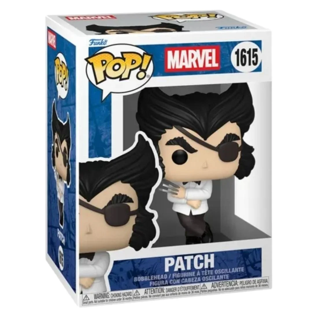 Funko Pop Patch 1615 Marvel en su caja original, vista lateral
