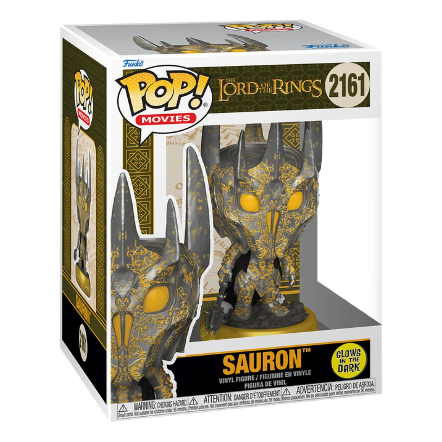 Funko Pop Premium Sauron 2161 GITD The Lord of the Rings en su caja original, vista lateral.