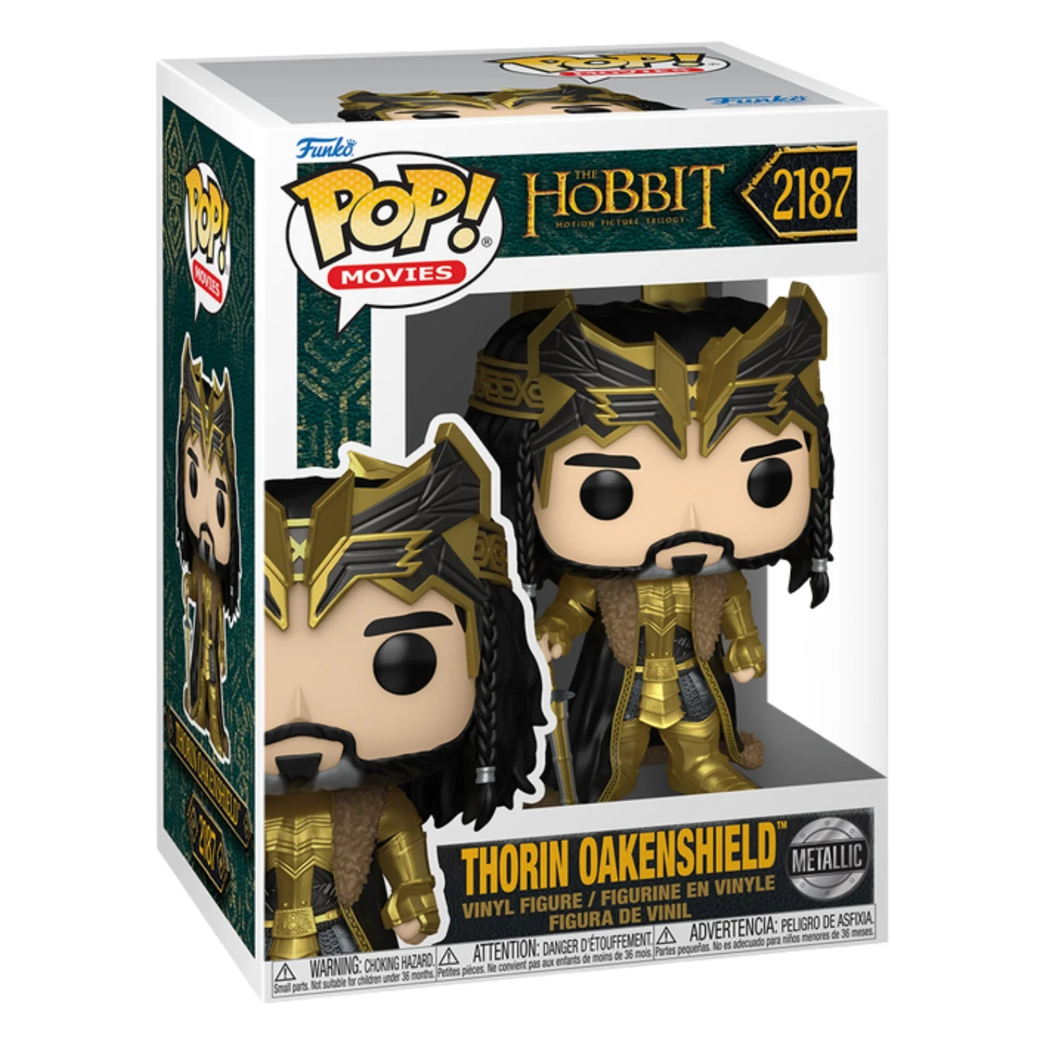 Funko Pop Thorin Oakenshield 2187 Metallic The Hobbit en su caja original, vista lateral.