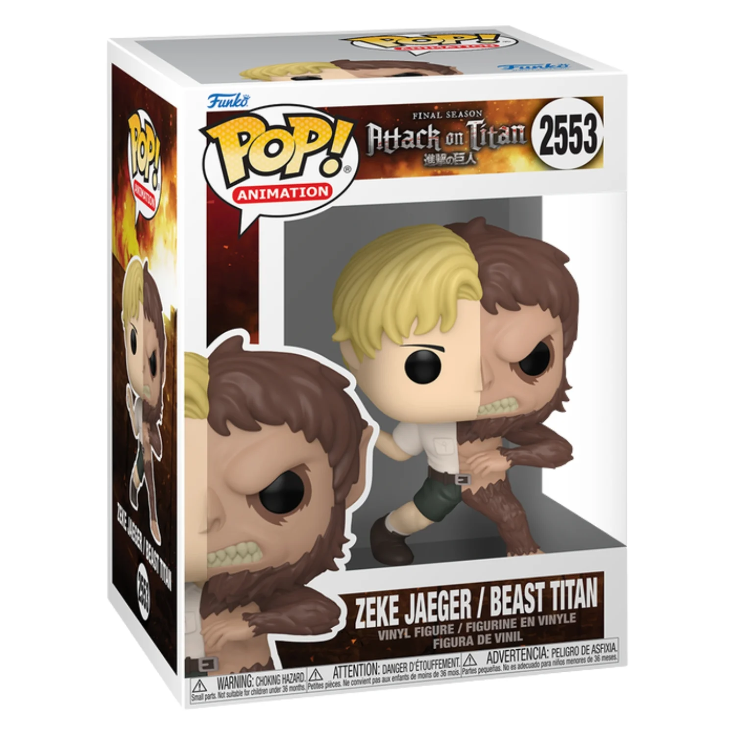 Funko Pop Zeke Jaeger/Beast Titan 2553 Attack On Titan en su caja original, vista lateral.
