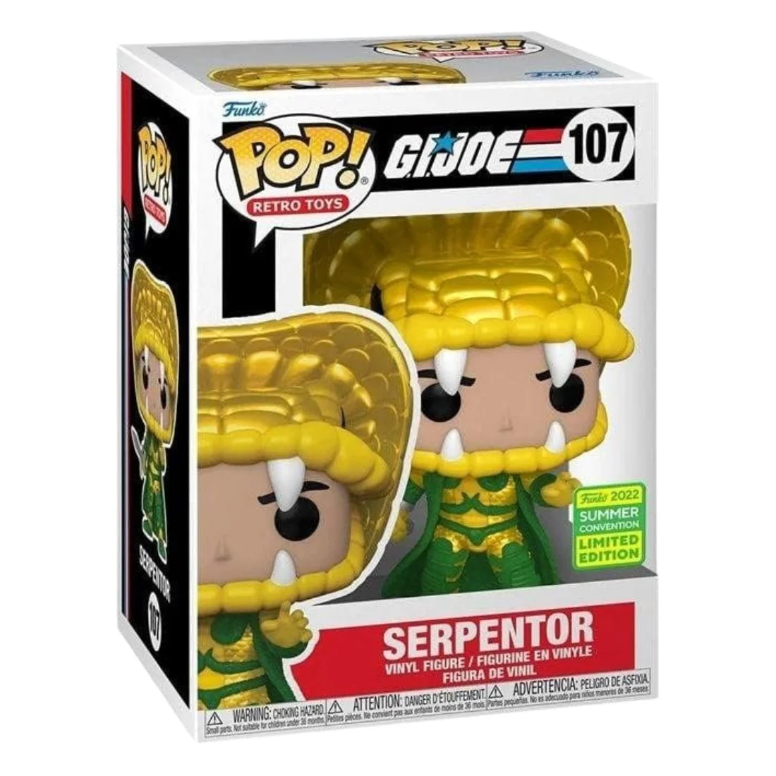 Funko Pop Serpentor 107 SDCC 2022 G.I. Joe en su caja original, vista lateral