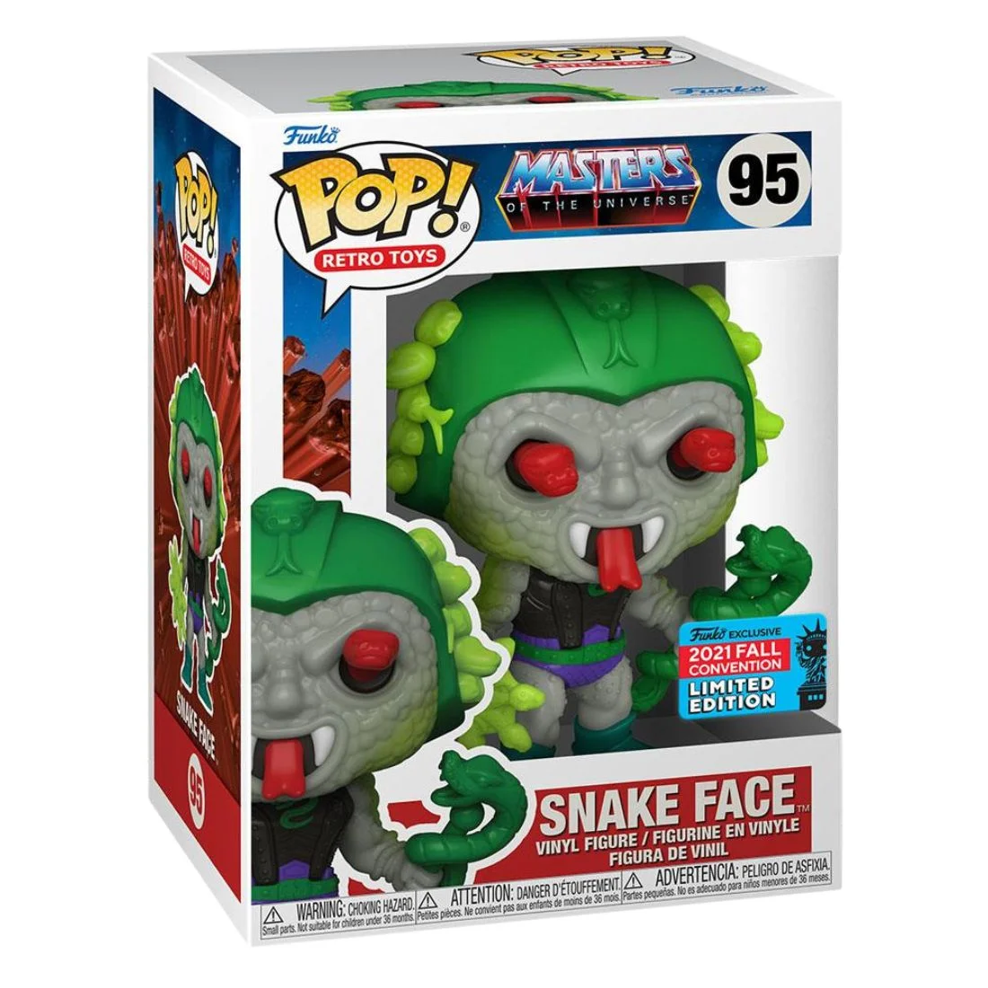 Funko Pop Snake Face 95 Fall Convention 2021 Masters Universe entor 107 SDCC 2022 G.I. Joe en su caja original, vista lateral